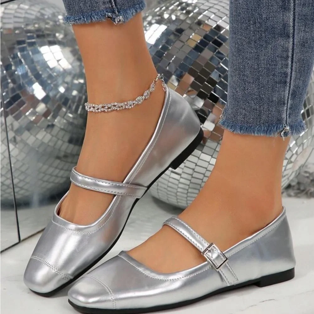 Rebellious Rose Metallic Silver Mary Jane Flats